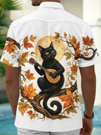 Oceanlyte Men's Black Cat Playing Mandolin Print Short Sleeve Shirt with Chest Pocket