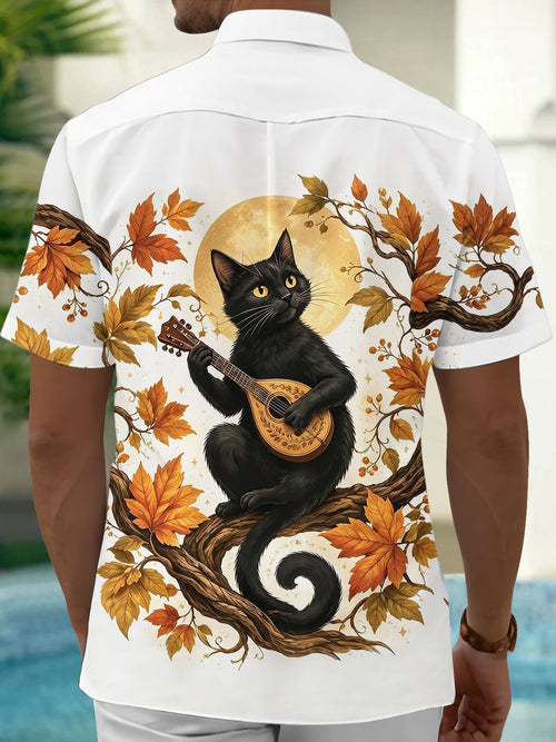 Oceanlyte Men's Black Cat Playing Mandolin Print Short Sleeve Shirt with Chest Pocket