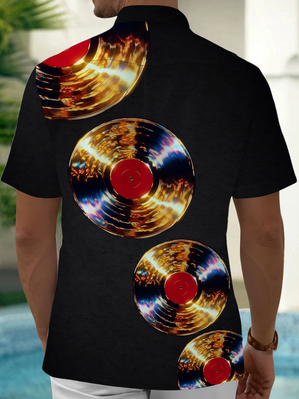Oceanlyte Men's Vintage Style Vinyl Records Print Short Sleeve Shirt with Chest Pocket