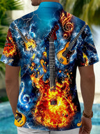 Oceanlyte Men's Hawaiian Electric Guitar Fire Print Short Sleeve Shirt with Chest Pocket