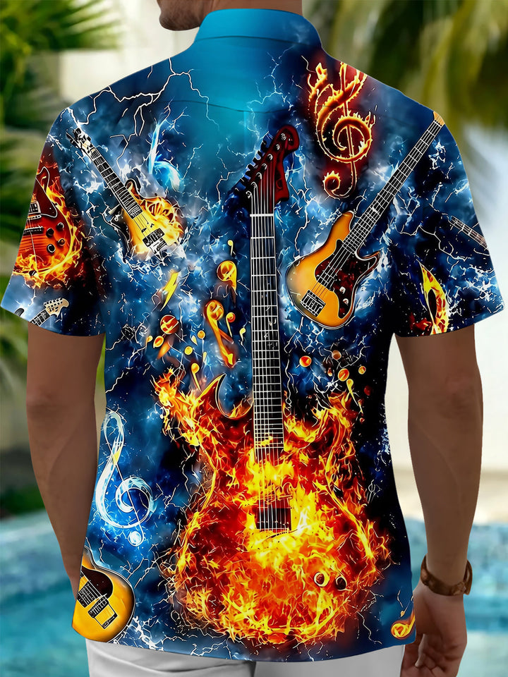 Oceanlyte Men's Hawaiian Electric Guitar Fire Print Short Sleeve Shirt with Chest Pocket