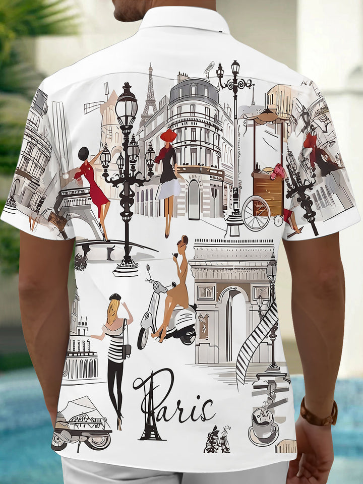 Oceanlyte Men's Graphic Paris Cityscape Sketch Print Short Sleeve Button Down Shirt with Chest Pocket