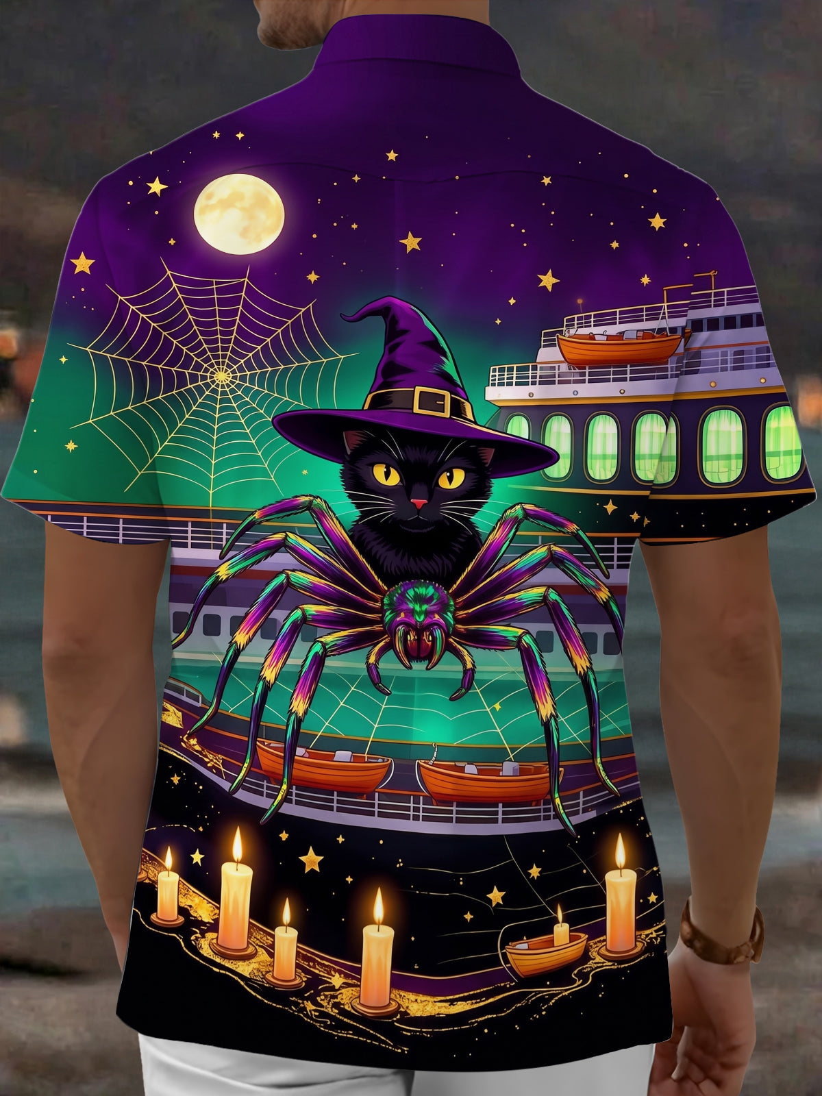Oceanlyte Men's Graphic Halloween Black Cat And Spider Print Short Sleeve Shirt with Chest Pocket