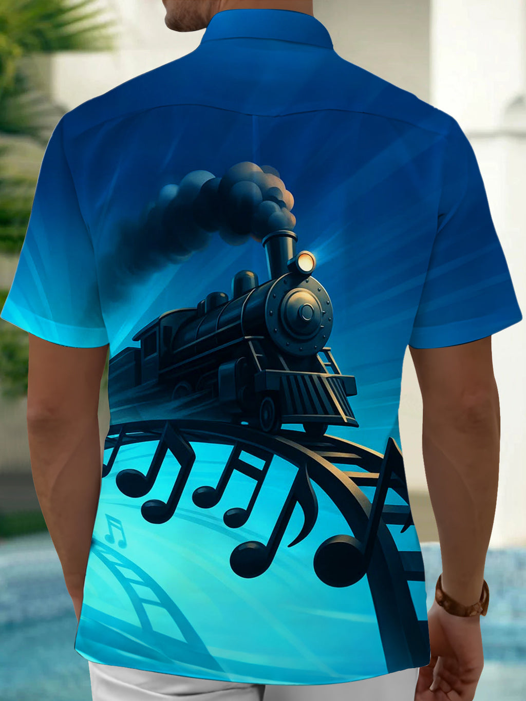 Oceanlyte Men's Hawaiian Steam Train Print Short Sleeve Shirt with Chest Pocket