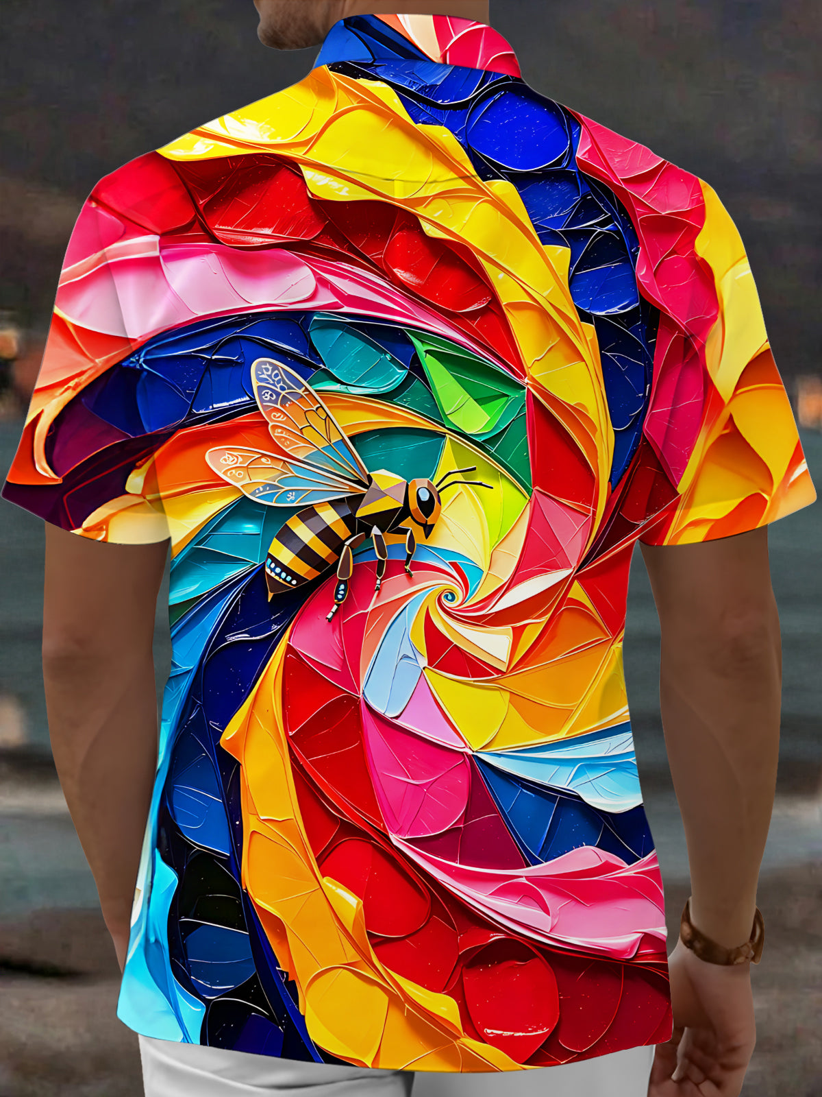 Oceanlyte Men's Hawaiian Colorful Swirl Bee Print Short Sleeve Shirt with Chest Pocket