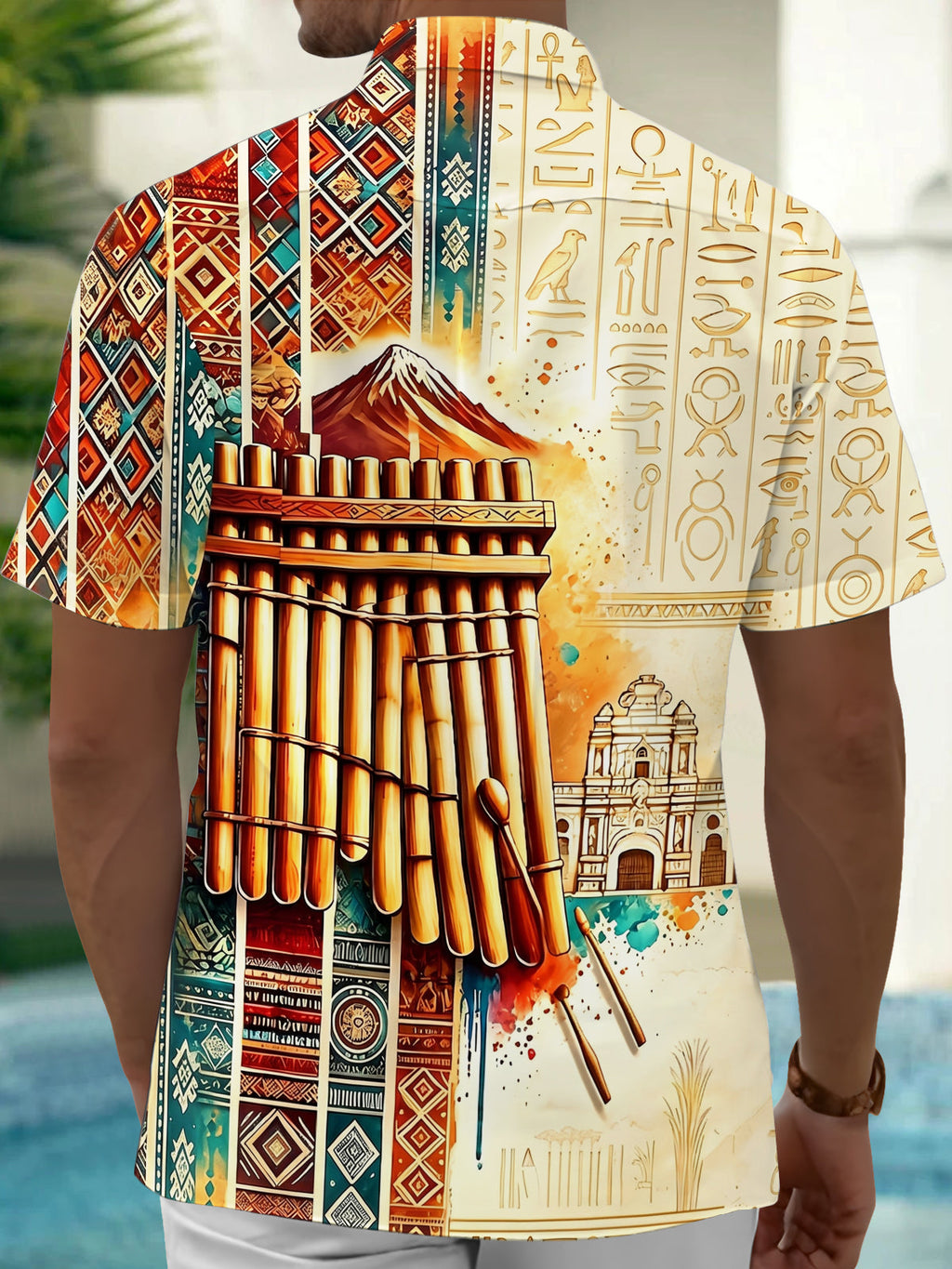 Oceanlyte Men's Printed Pan Flute Print Short Sleeve Shirt with Chest Pocket