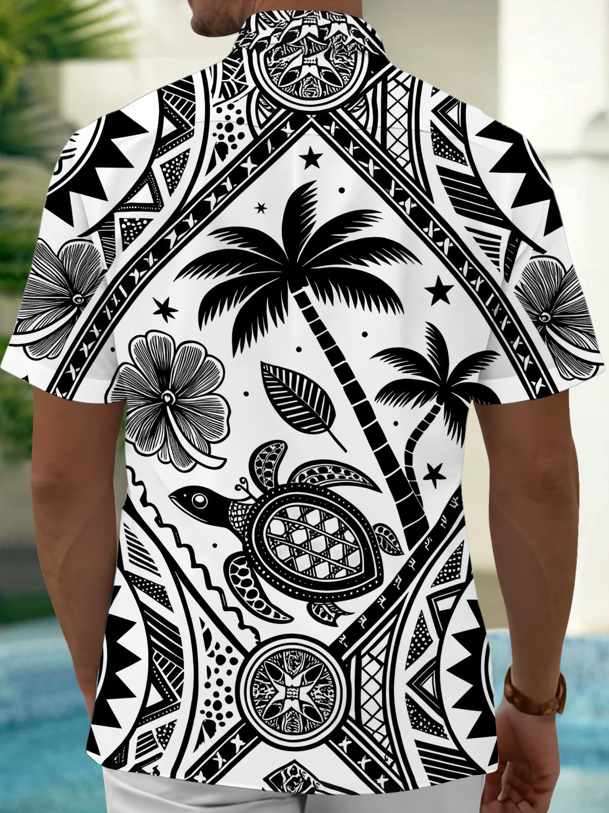Oceanlyte Men's Hawaiian Sea Turtle Print Palm Tree Print Short Sleeve Shirt with Chest Pocket