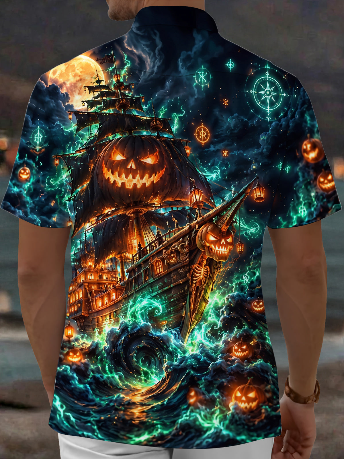 Oceanlyte Men's Graphic Halloween Pumpkin Ghost Ship Print Short Sleeve Shirt with Chest Pocket