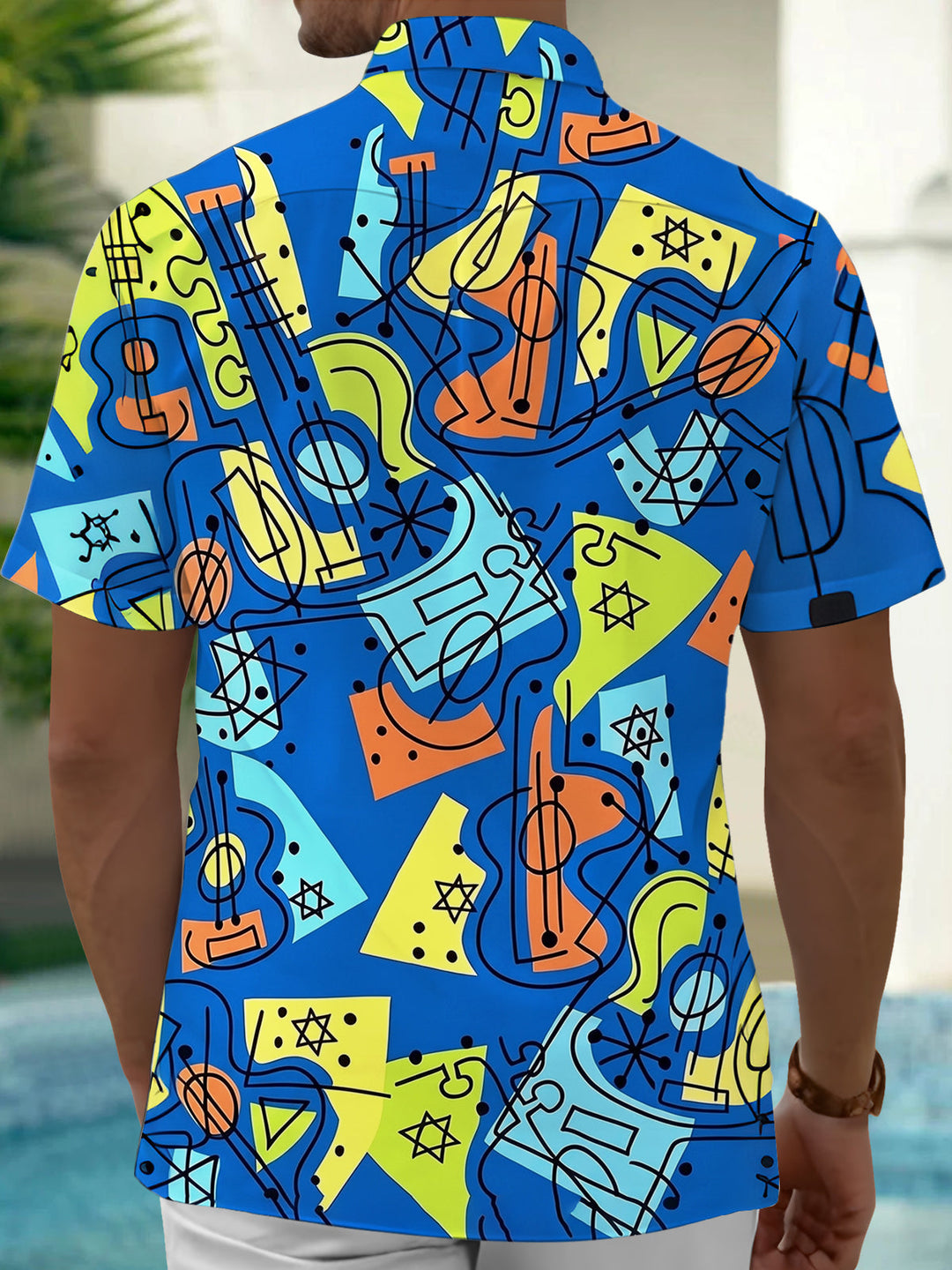 Oceanlyte Men's Graphic Abstract Geometric Guitar Print Short Sleeve Shirt with Chest Pocket