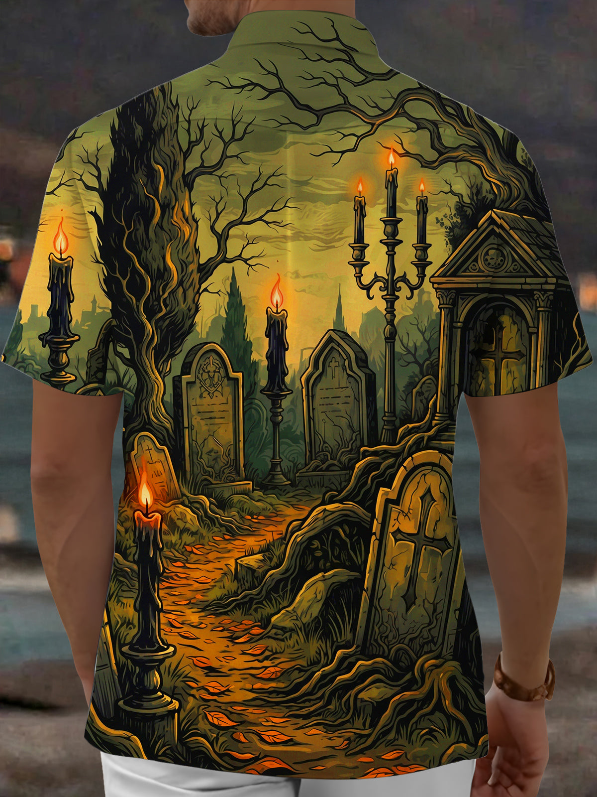 Oceanlyte Men's Short Sleeve Shirt - Halloween Gothic Graveyard With Candles And Tombstones Print with Chest Pocket