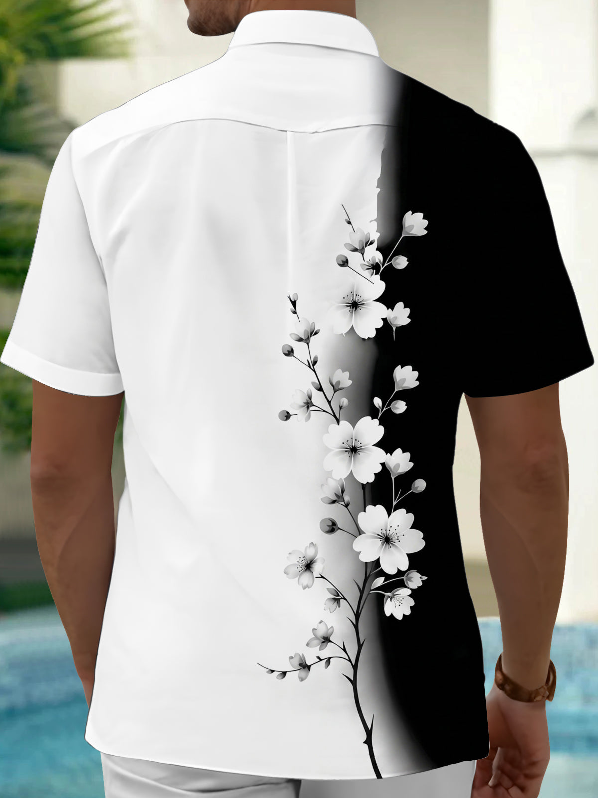 Oceanlyte Men's Floral Black And White Floral Branch Print Short Sleeve Shirt with Chest Pocket