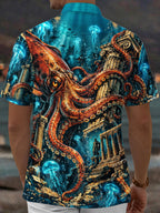 Oceanlyte Men's Hawaiian Octopus And Ancient Ruins Print Short Sleeve Shirt with Chest Pocket
