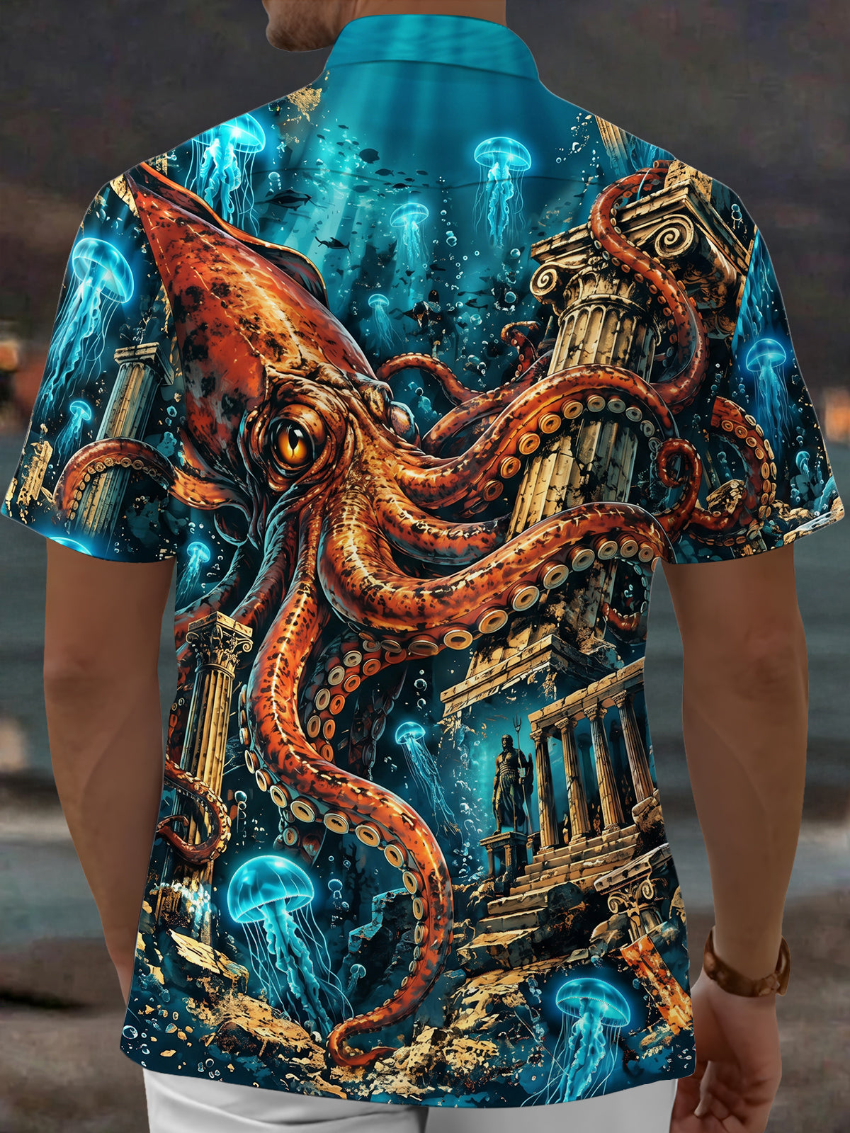 Oceanlyte Men's Hawaiian Octopus And Ancient Ruins Print Short Sleeve Shirt with Chest Pocket