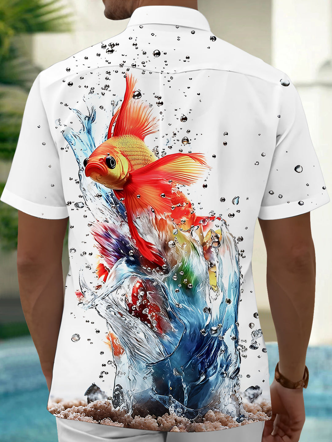 Oceanlyte Men's Hawaiian Goldfish Splash Print Short Sleeve Shirt with Chest Pocket