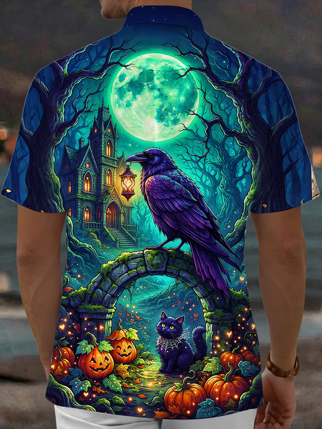 Oceanlyte Men's Halloween Black Cats And Pumpkins Print Short Sleeve Shirt with Chest Pocket