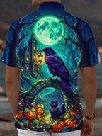 Oceanlyte Men's Halloween Black Cats And Pumpkins Print Short Sleeve Shirt with Chest Pocket