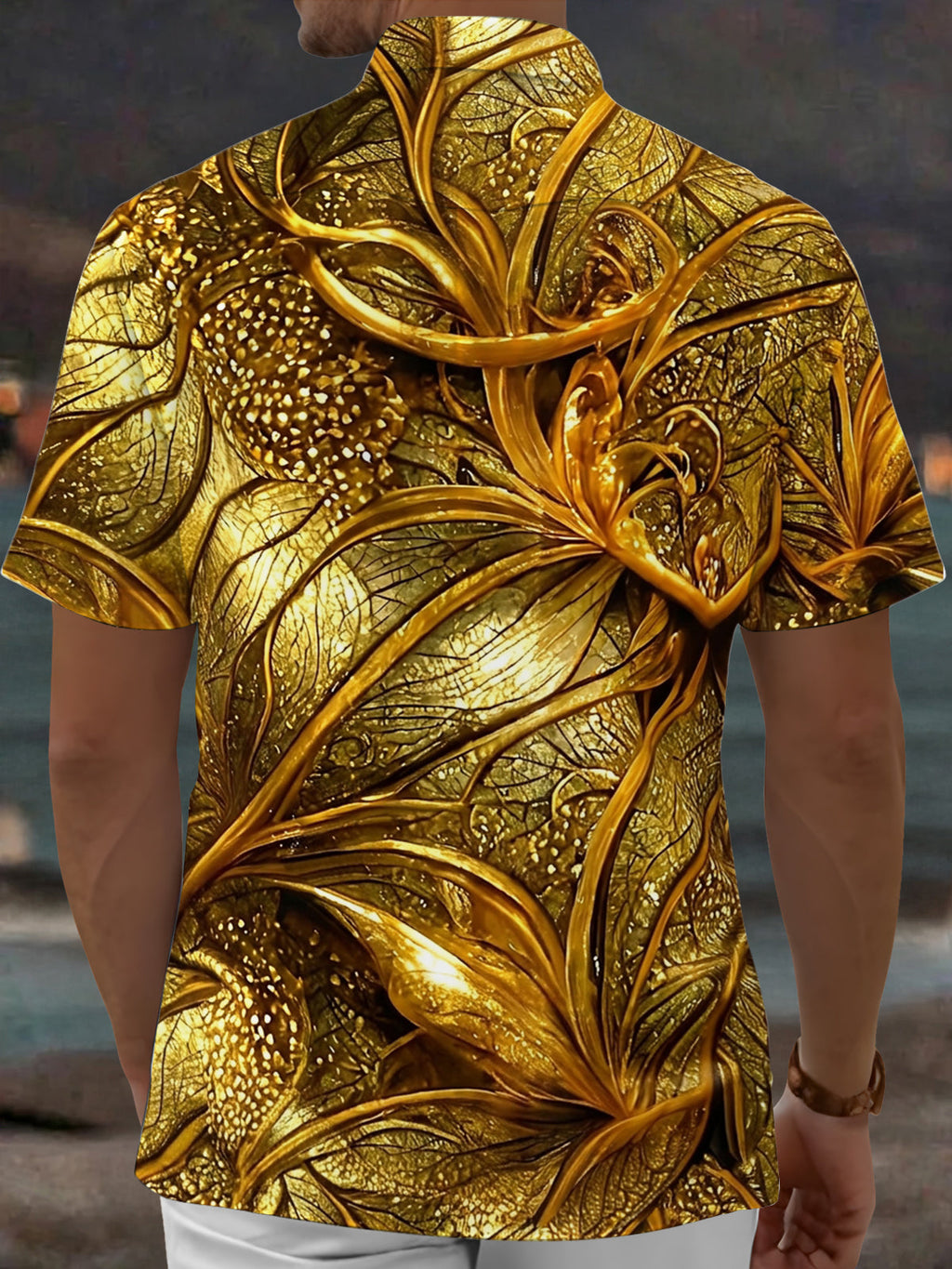 Oceanlyte Men's Hawaiian Gold Leaf Pattern 3D Floral Print Short Sleeve Shirt with Chest Pocket