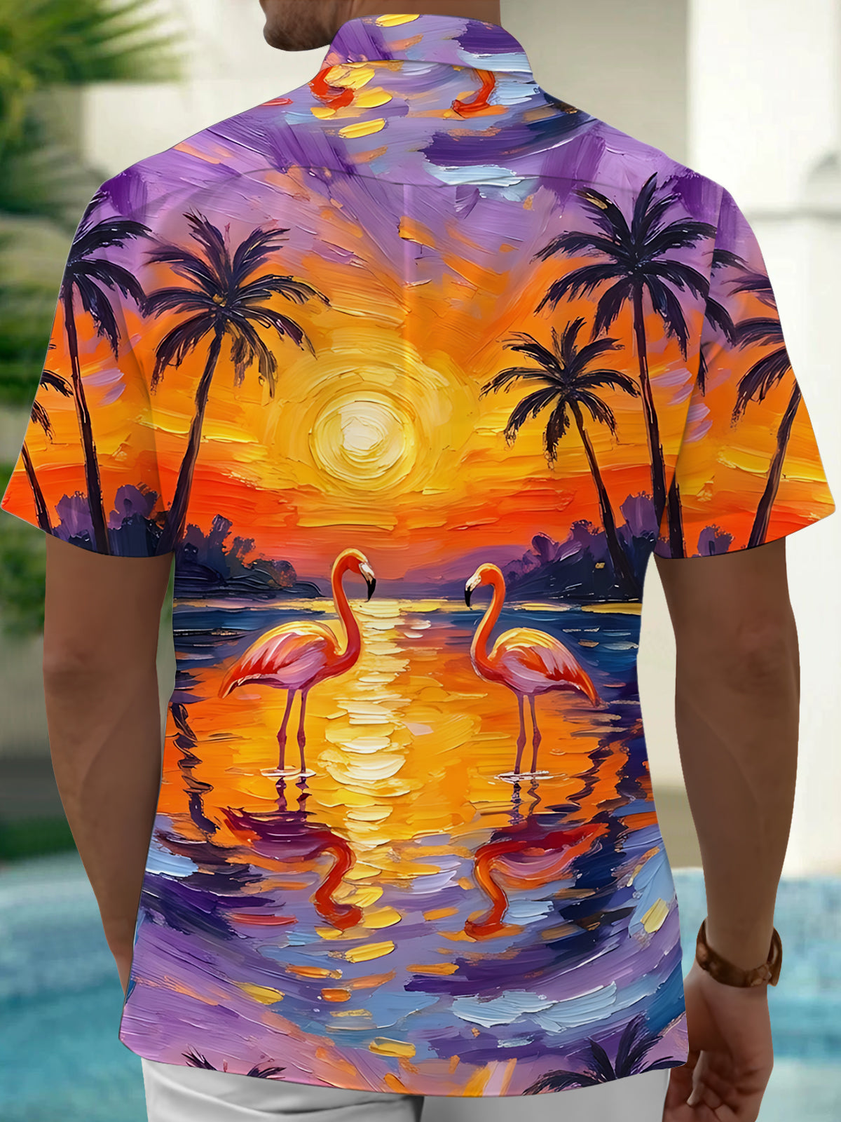 Oceanlyte Men's Sunset Flamingos And Palm Trees Print Short Sleeve Shirt with Chest Pocket