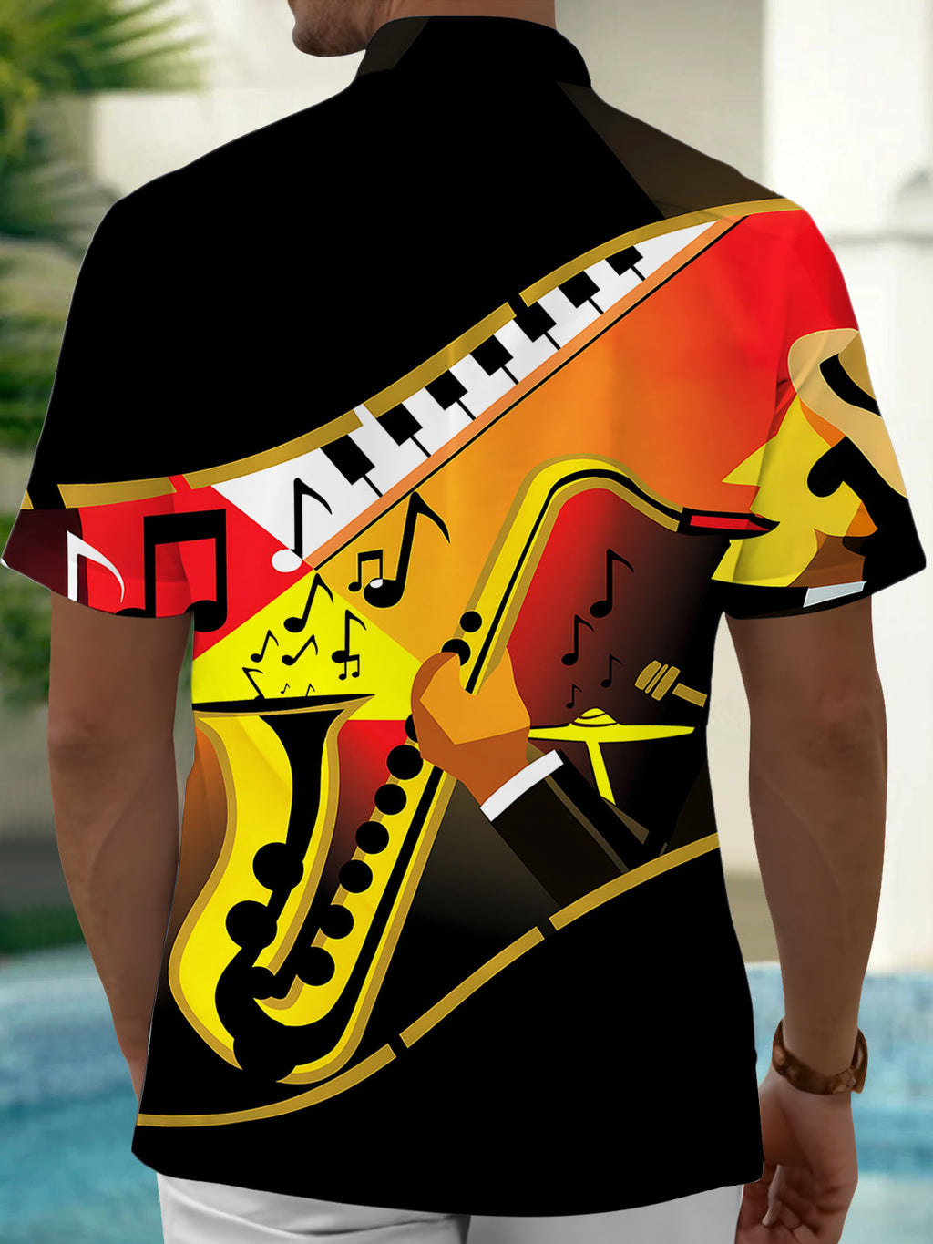 Oceanlyte Men's Graphic Saxophone Music Print Short Sleeve Shirt with Chest Pocket