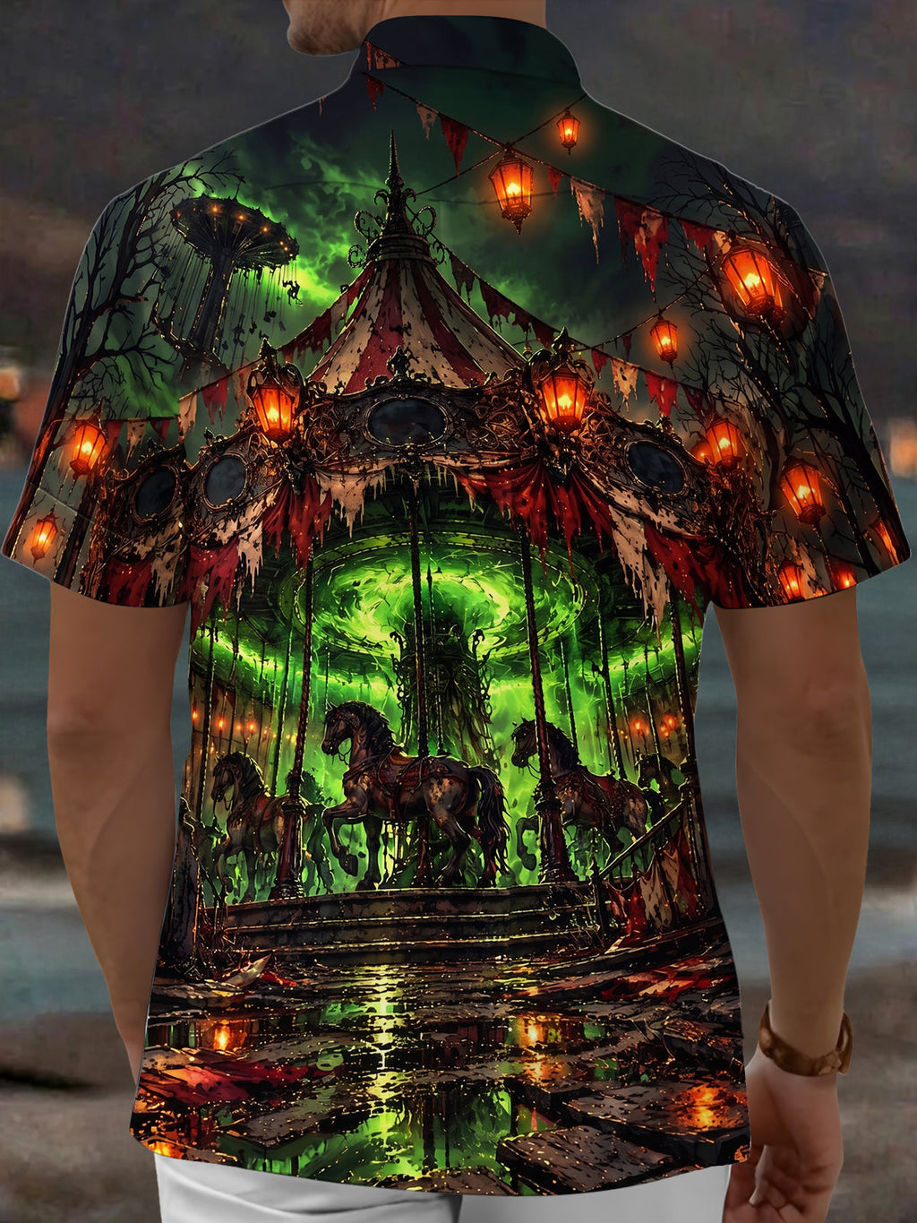 Oceanlyte Men's Short Sleeve Shirt - Dark Carousel Horses And Glowing Lanterns Print with Chest Pocket