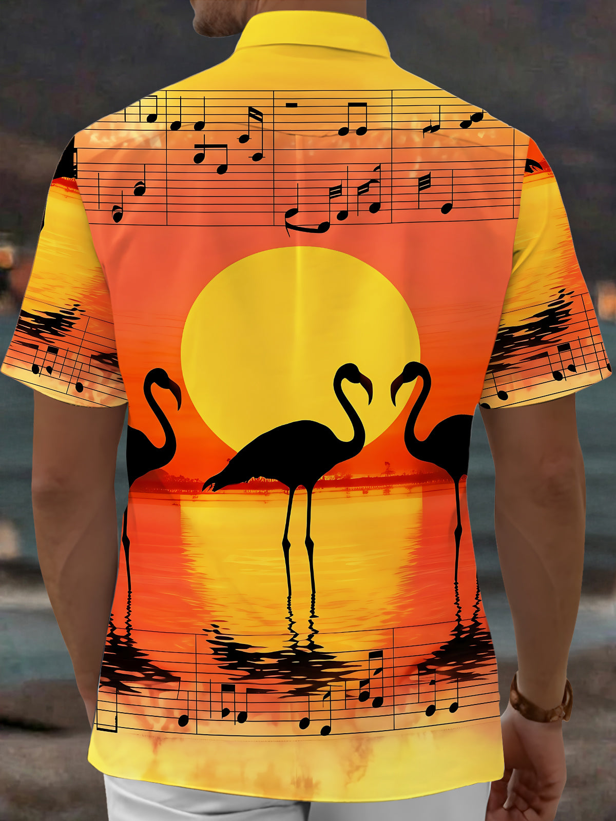 Oceanlyte Men's Hawaiian Flamingo Sunset Print Short Sleeve Shirt with Chest Pocket