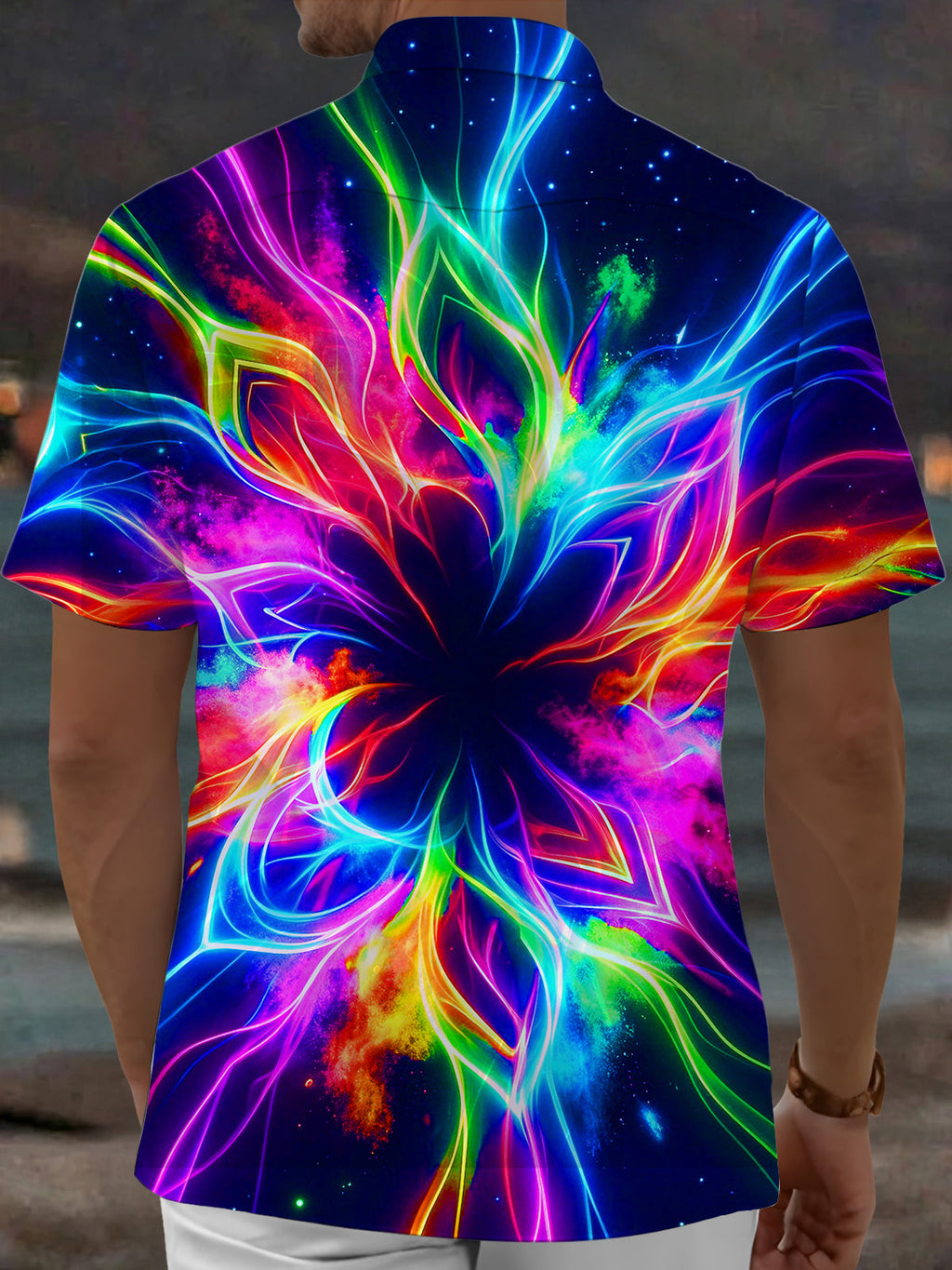 Oceanlyte Men's Hawaiian Neon Fractal Flower Print Short Sleeve Shirt with Chest Pocket