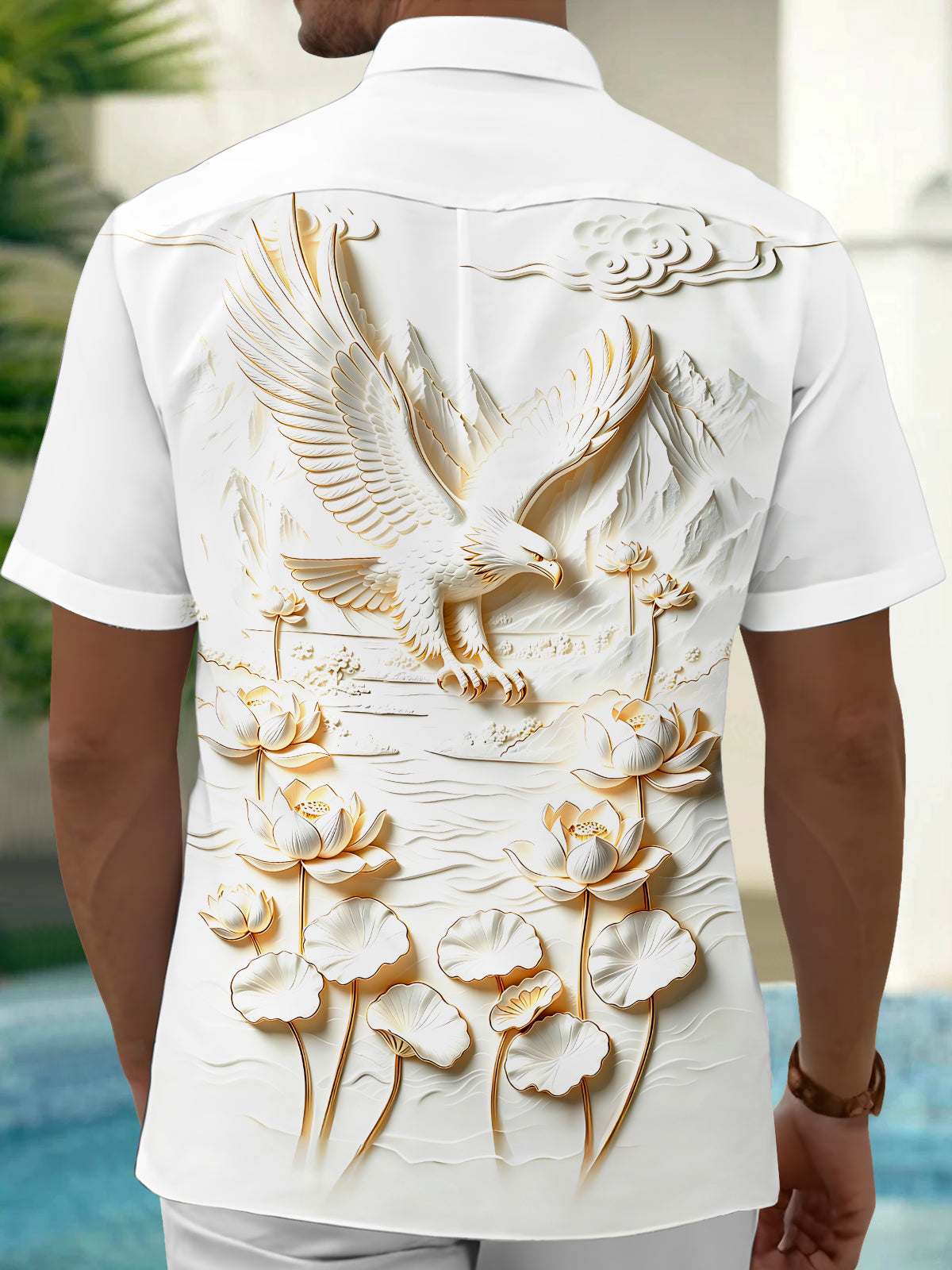 Oceanlyte Men's 3D Eagle Print Lotus Flowers Print Short Sleeve Shirt with Chest Pocket