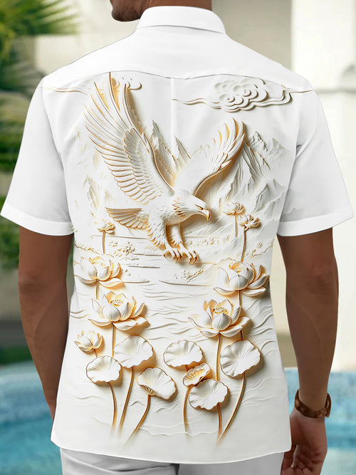 Oceanlyte Men's 3D Eagle Print Lotus Flowers Print Short Sleeve Shirt with Chest Pocket
