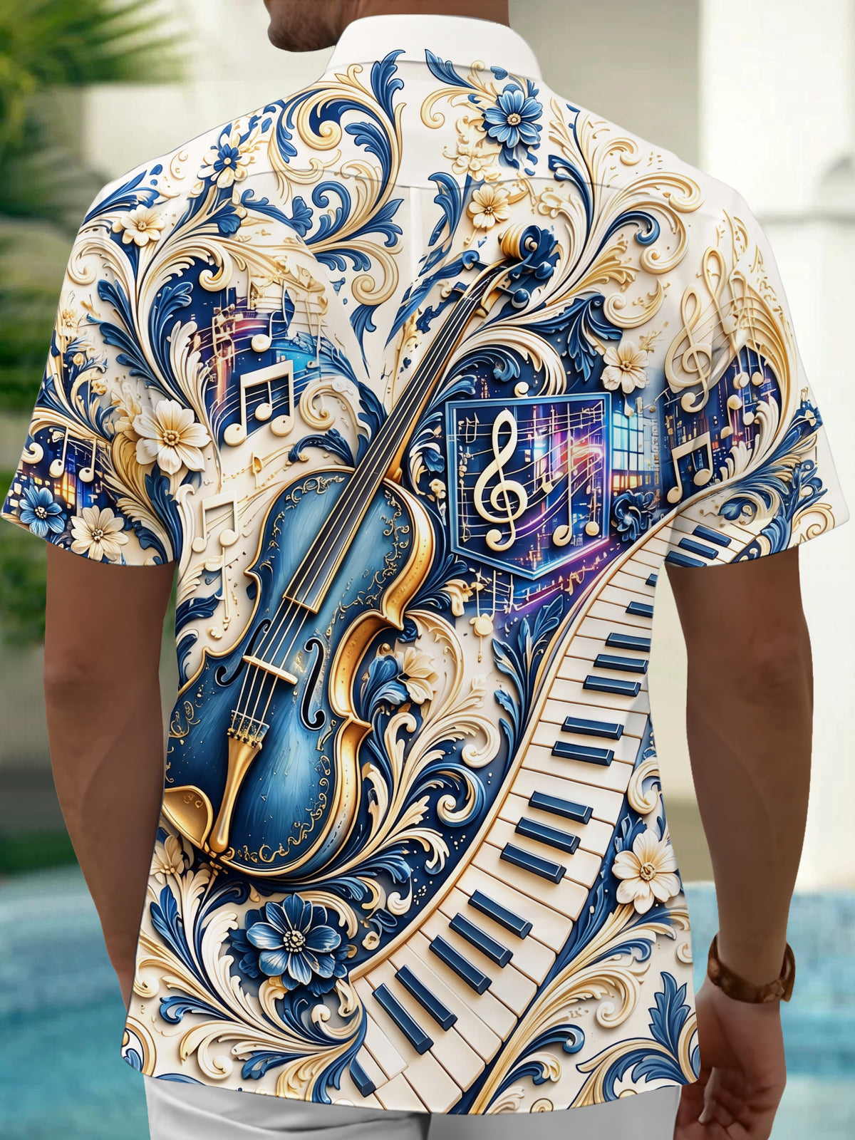 Oceanlyte Men's Graphic 3D Relief Violin Print Short Sleeve Shirt with Chest Pocket