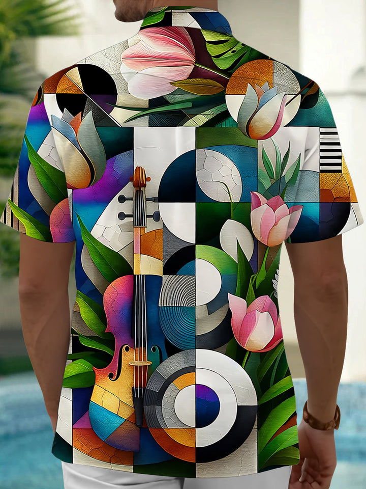 Oceanlyte Men's Violin And Tulip Geometric Print Short Sleeve Shirt with Chest Pocket