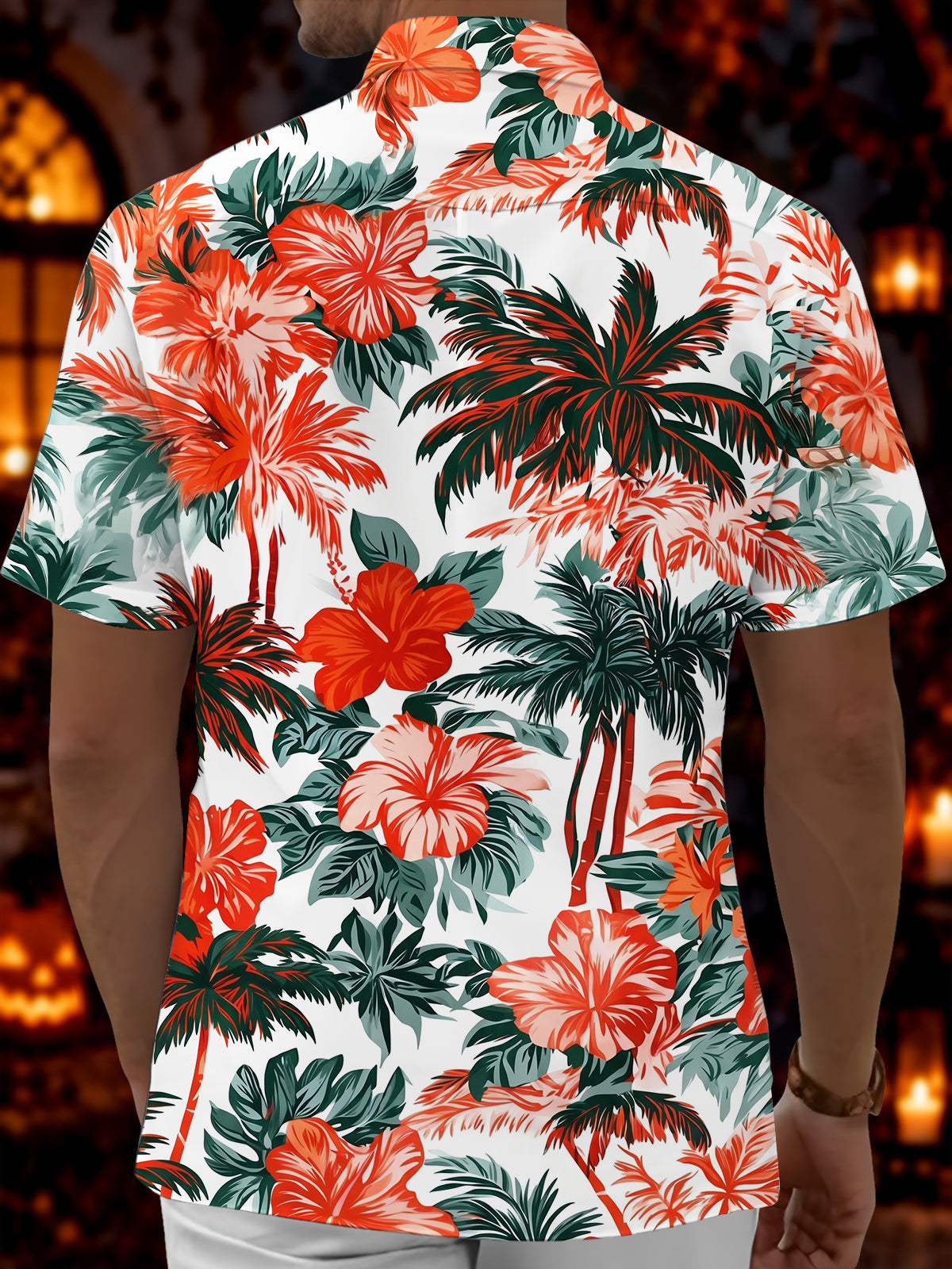 Oceanlyte Men's Palm Trees And Hibiscus Flowers Print Short Sleeve Shirt with Chest Pocket
