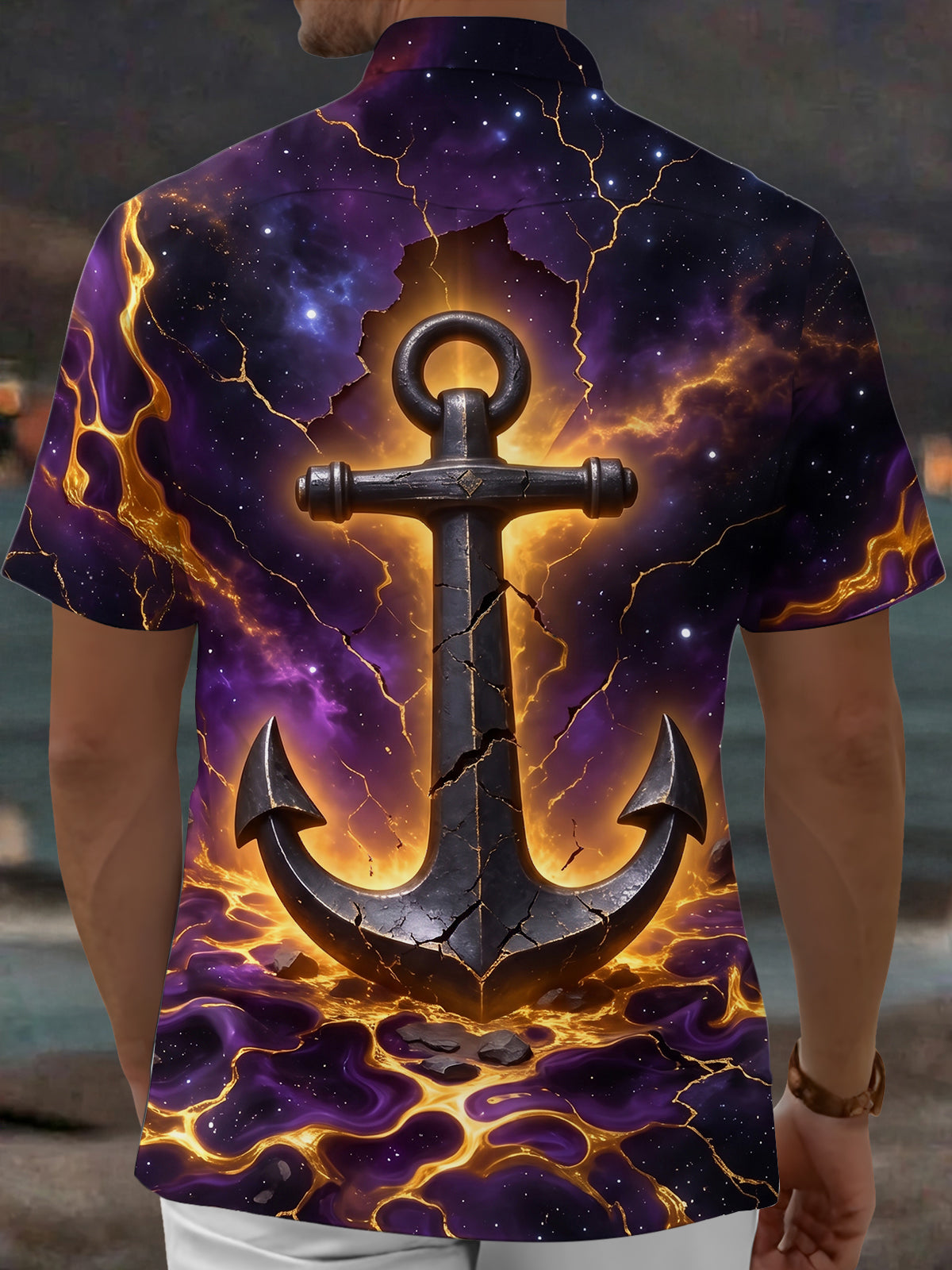 Oceanlyte Men's Hawaiian Galaxy Anchor With Lava Cracks Print Short Sleeve Shirt with Chest Pocket