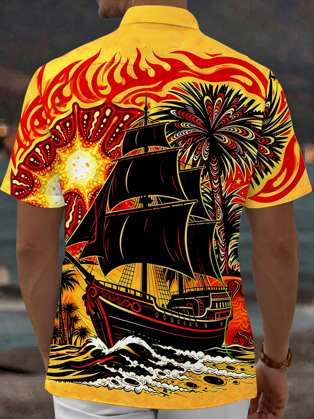 Oceanlyte Men's Hawaiian Pirate Ship Print Palm Tree Print Short Sleeve Shirt with Chest Pocket