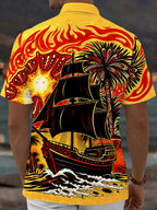 Oceanlyte Men's Hawaiian Pirate Ship Print Palm Tree Print Short Sleeve Shirt with Chest Pocket