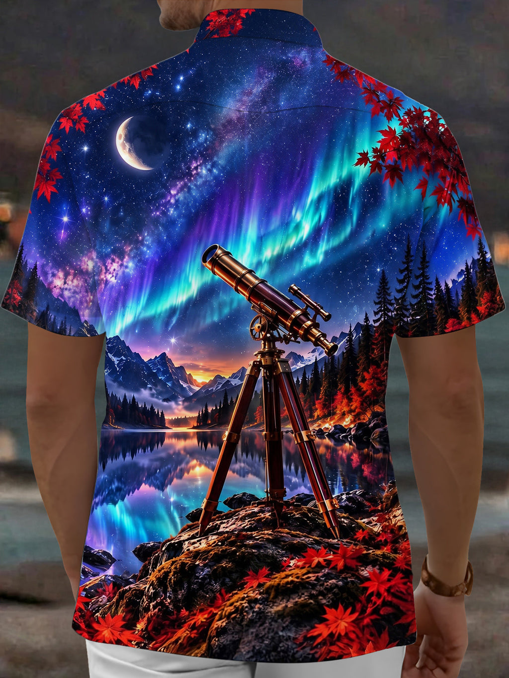 Oceanlyte Men's Telescope And Northern Lights Landscape Print Short Sleeve Shirt with Chest Pocket