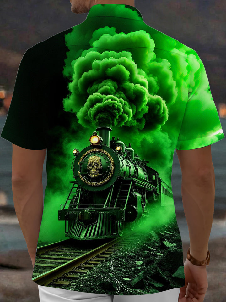 Oceanlyte Men's Graphic Skull Steam Train Print Short Sleeve Shirt with Chest Pocket