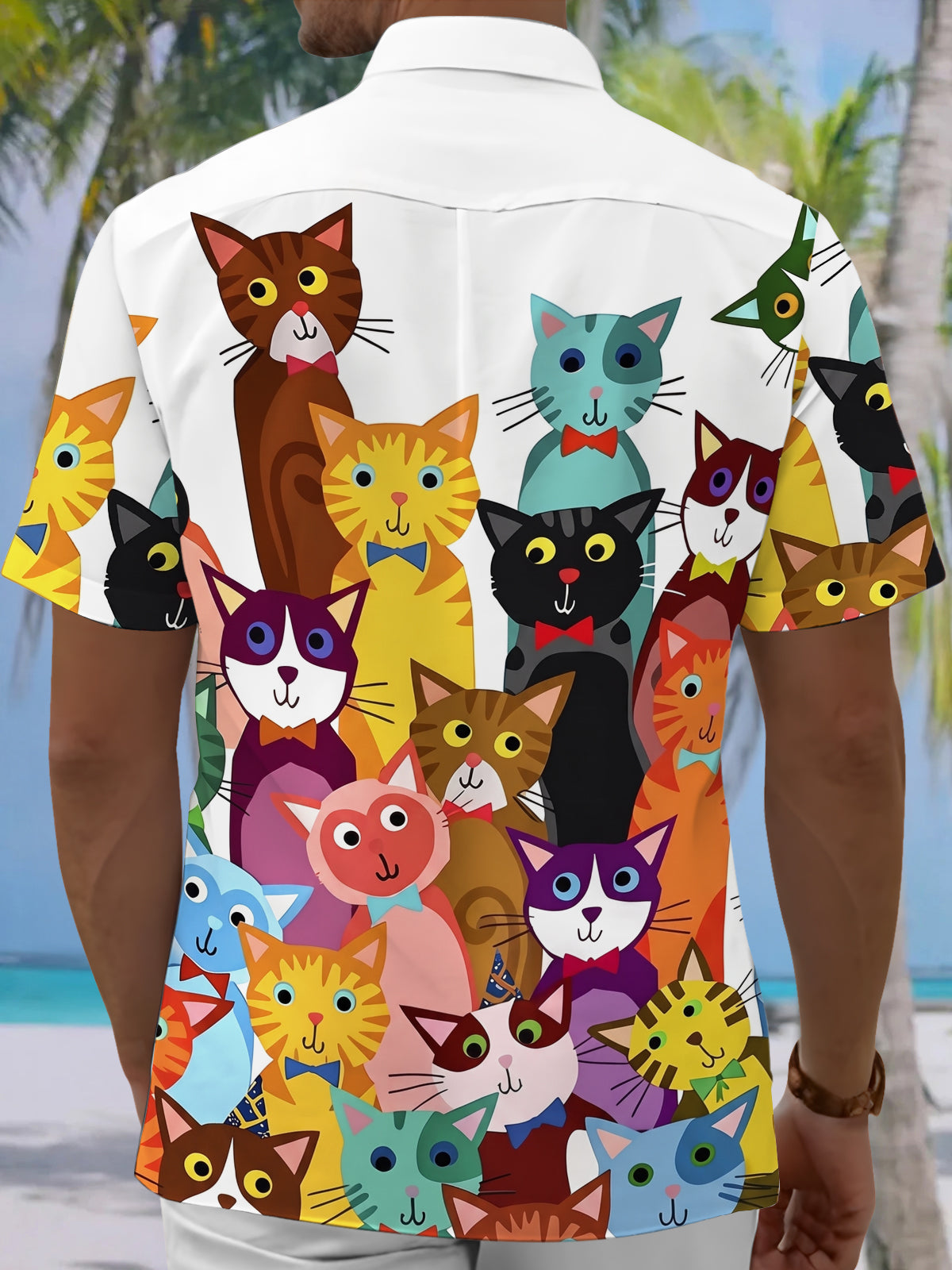 Oceanlyte Men's Hawaiian Colorful Cartoon Cats Print Short Sleeve Shirt with Chest Pocket