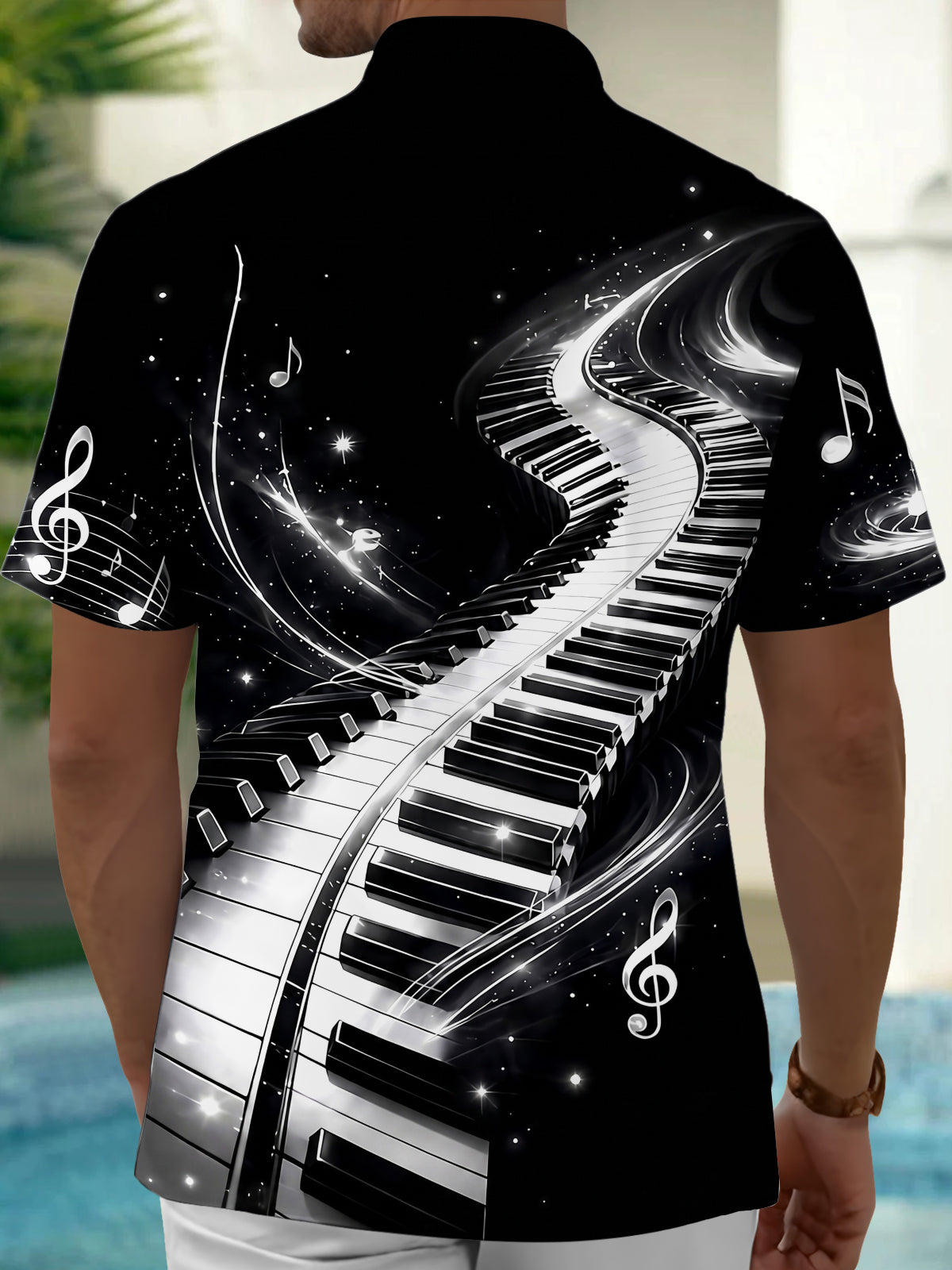 Oceanlyte Men's Graphic Piano Keyboard Print Short Sleeve Shirt with Chest Pocket