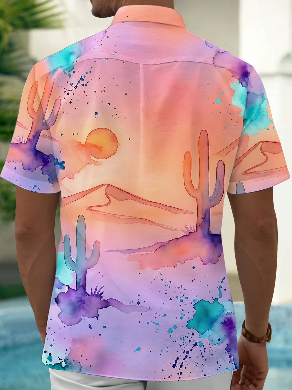 Oceanlyte Men's Watercolor Desert Cactus Sunset Print Short Sleeve Shirt with Chest Pocket