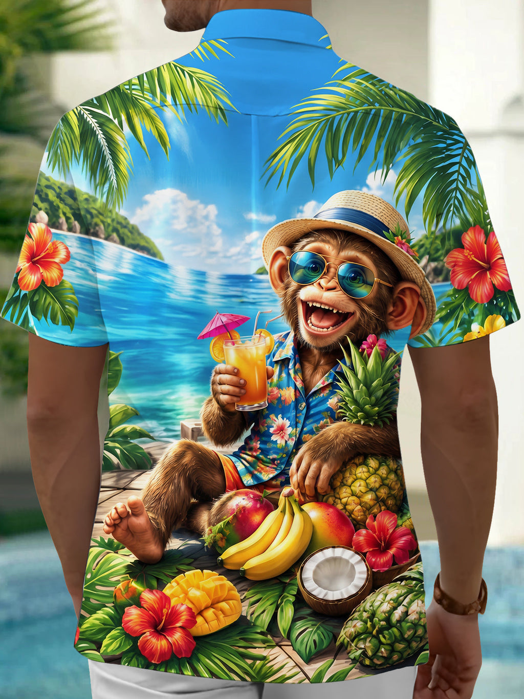 Oceanlyte Men's Monkey With Tropical Fruits And Drinks Print Short Sleeve Shirt with Chest Pocket