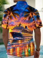 Oceanlyte Men's Cruise Ship And Palm Trees At Sunset Print Short Sleeve Shirt with Chest Pocket