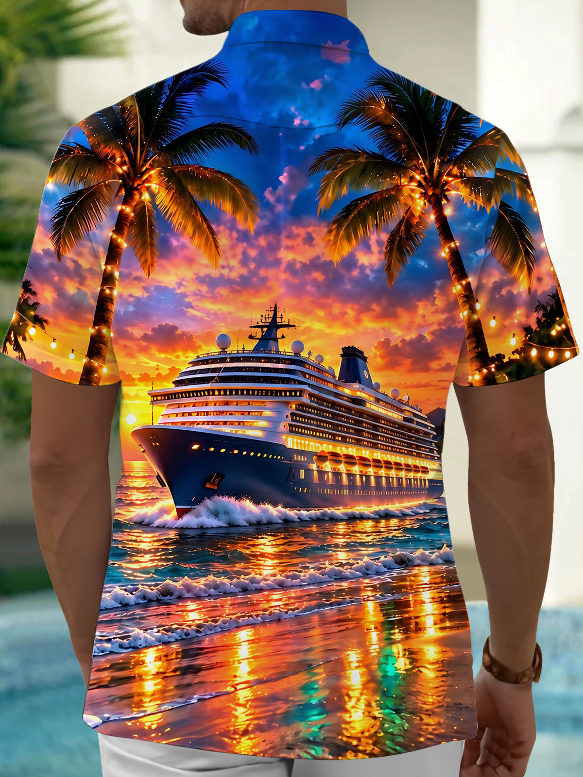 Oceanlyte Men's Cruise Ship And Palm Trees At Sunset Print Short Sleeve Shirt with Chest Pocket
