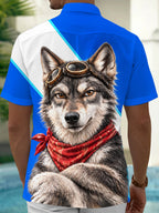 Oceanlyte Men's Short Sleeve Shirt - Wolf With Aviator Goggles And Red Bandana Print with Chest Pocket