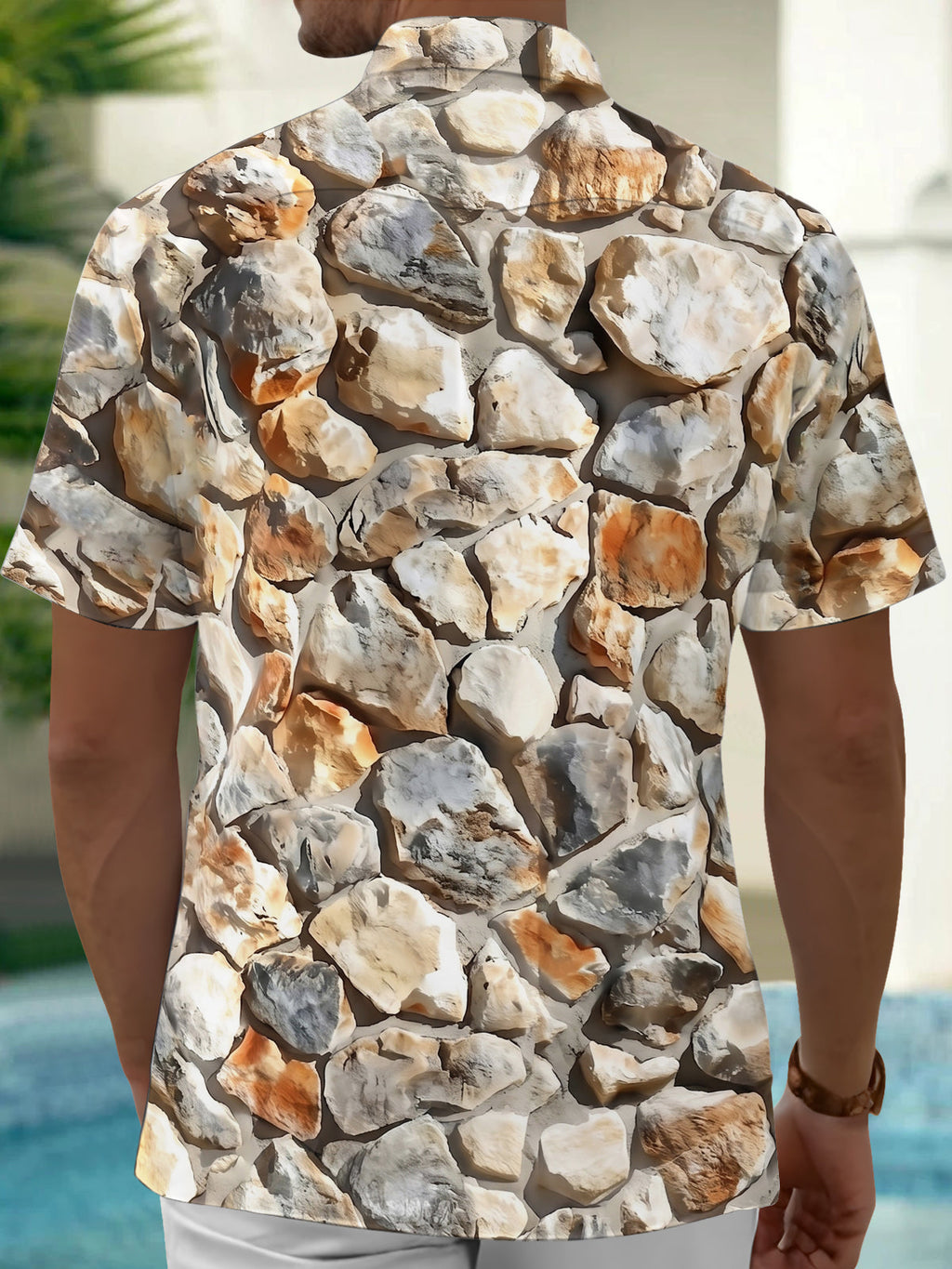 Oceanlyte Men's Vintage Style Stone Pattern Short Sleeve Shirt with Chest Pocket