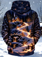 Oceanlyte Men's Graphic Winter Night Landscape Print Long Sleeve Hoodie with Chest Pocket