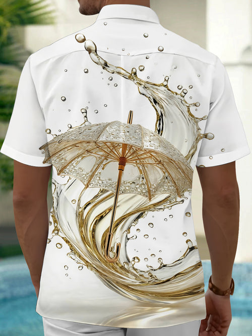 Oceanlyte Men's 3D Golden Umbrella Print Liquid Splash Print Short Sleeve Shirt with Chest Pocket