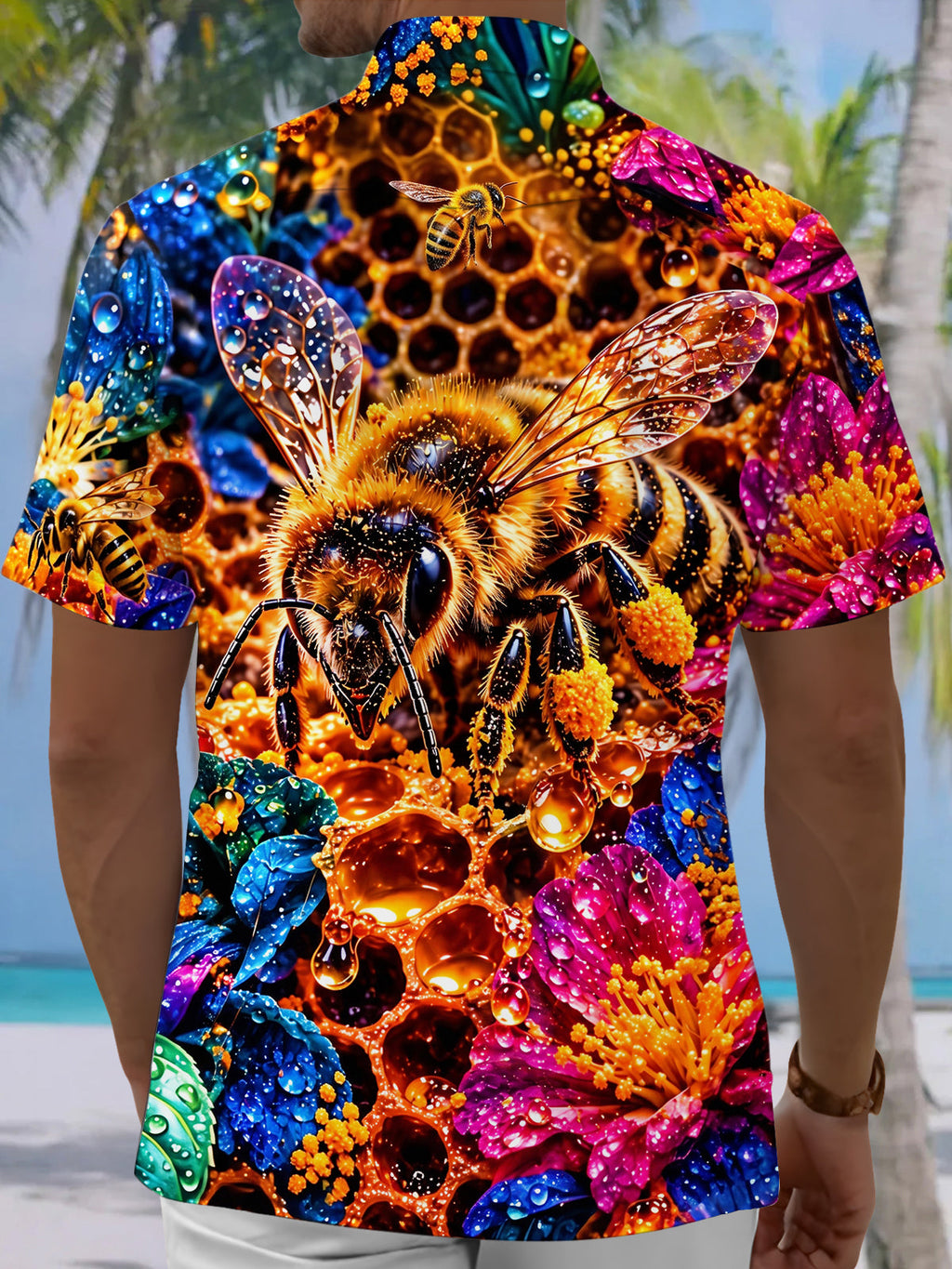 Oceanlyte Men's Hawaiian Bee And Honeycomb With Flowers Print Short Sleeve Shirt with Chest Pocket