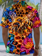 Oceanlyte Men's Hawaiian Bee And Honeycomb With Flowers Print Short Sleeve Shirt with Chest Pocket