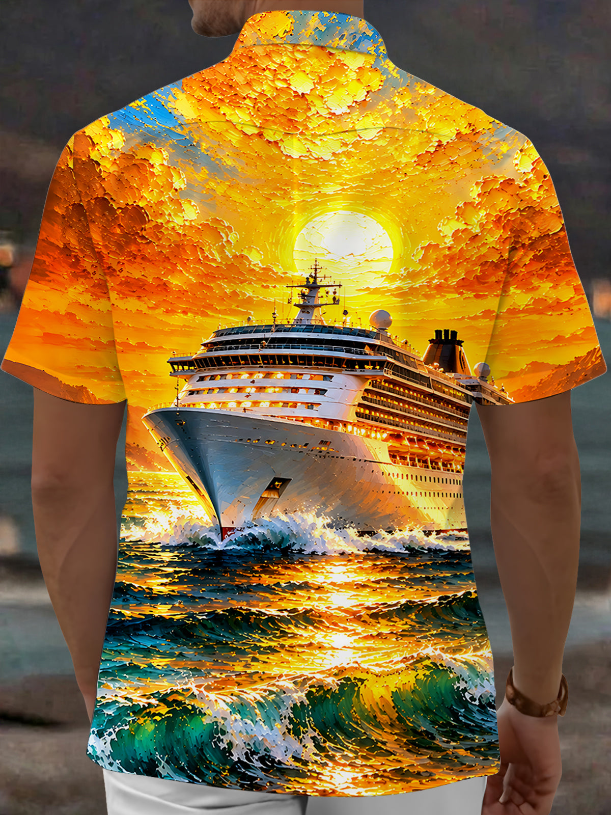 Oceanlyte Men's Hawaiian Cruise Ship Sunset Print Short Sleeve Shirt with Chest Pocket