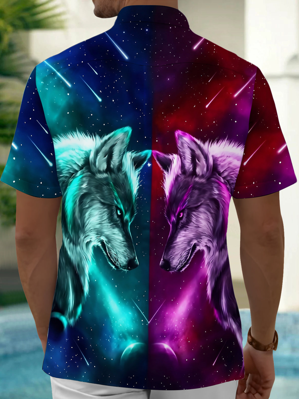 Oceanlyte Men's Graphic Wolf Head Print Starry Sky Print Short Sleeve Shirt with Chest Pocket